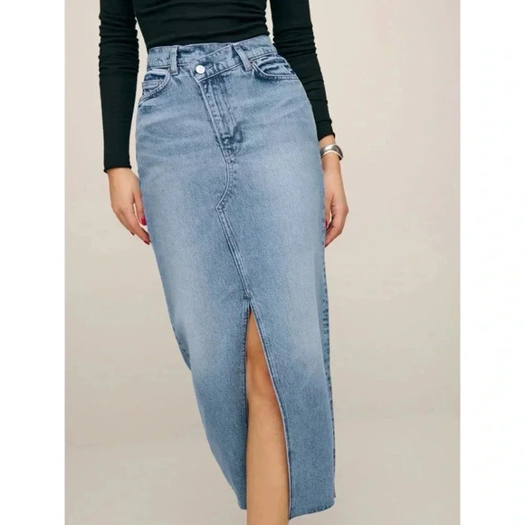 Reformation Nila Long Denim Skirt in Medium Wash Jean Blue Galway 24 - Picture 3 of 16